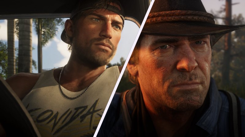 Jason Duval and Lucia Caminos from official GTA 6 screenshots, split diagonally with Arthur Morgan and Sadie Adler from official Red Dead Redemption 2 screenshots