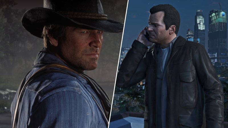 Arthur Morgan in an official Red Dead Redemption 2 screenshot, split diagonally with Michael De Santa in an official GTA V screenshot