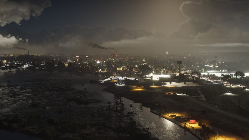The Ambrosia refinery at night, official screenshot.