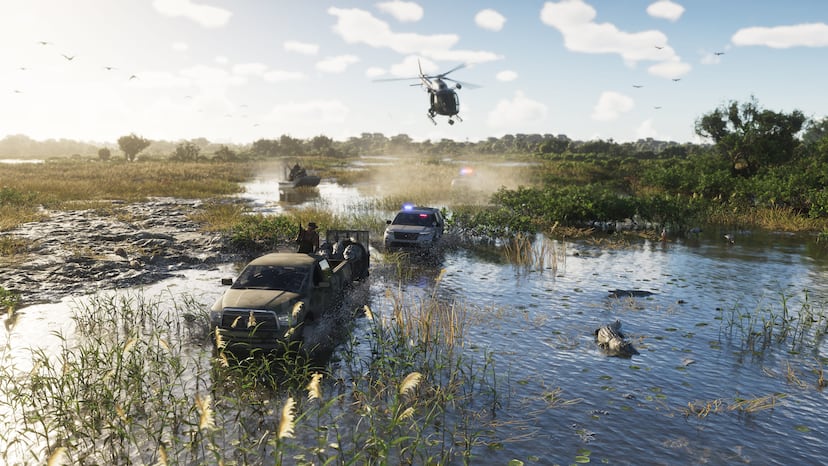 An airboat chase beneath a helicopter, official screenshot.