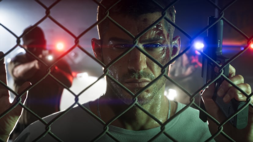 Police lights seen through a fence, official screenshot.