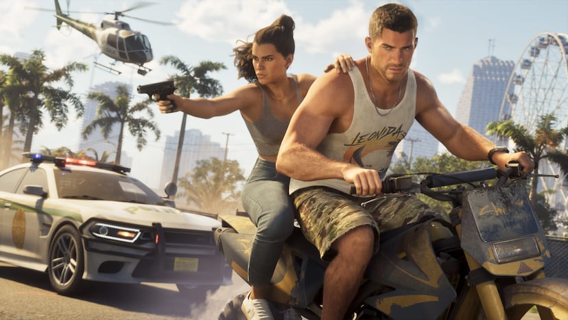A motorbike and a car in Vice City, official screenshot.