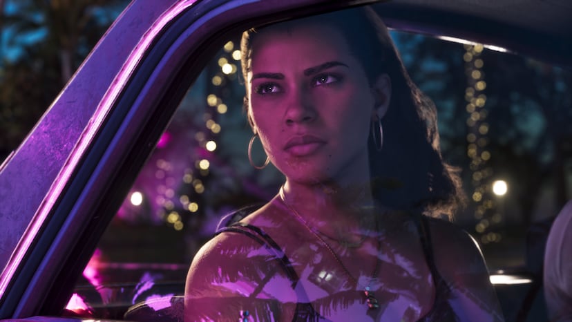 Lucia in a car at night, official screenshot.