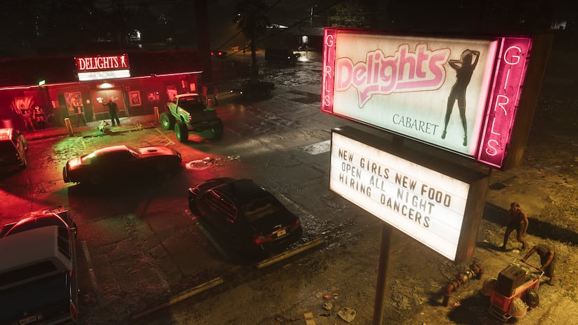 A neon sign in Port Gellhorn at night, official screenshot.