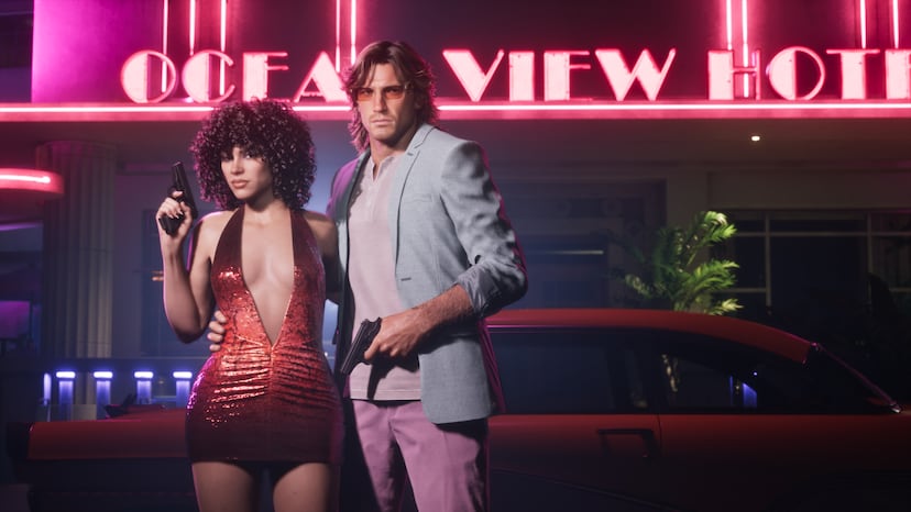 Lucia in a red sequin mini dress with big 1980s curls and Jason in a pastel suit outside the Ocean View Hotel, the Vintage Vice City Pack looks from an official GTA 6 screenshot