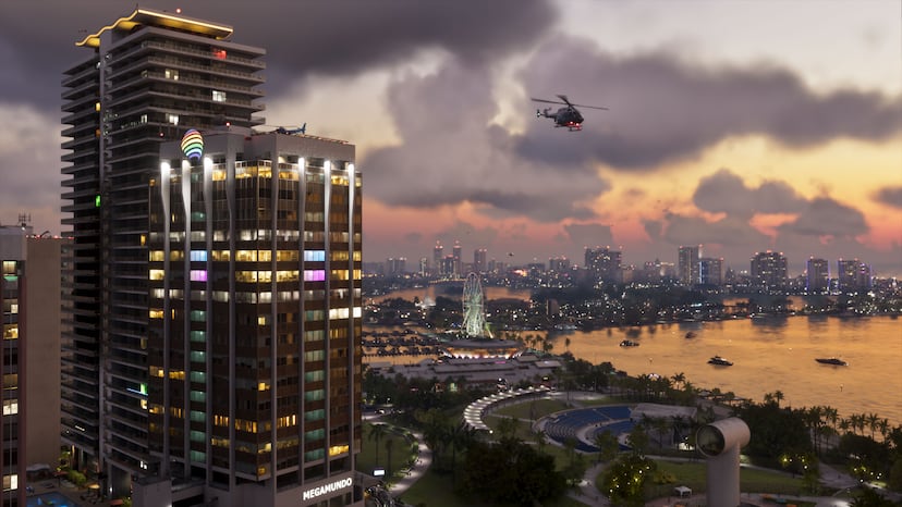 Leonida's Vice City skyline at sunset, official screenshot.