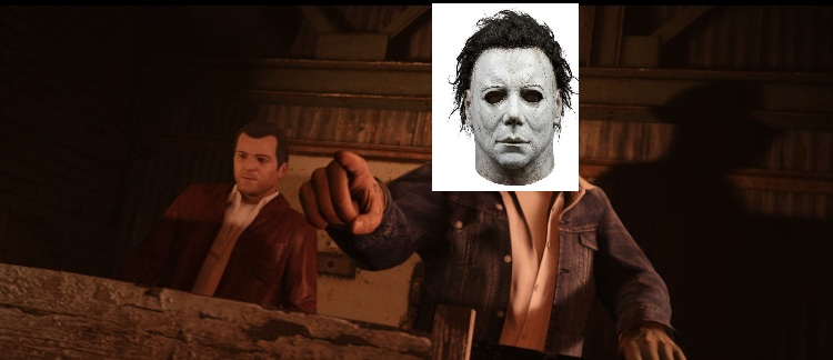 Trevor Philips from an official Grand Theft Auto V screenshot with a Halloween mask pasted over his head, a deliberately rough edit by Vox