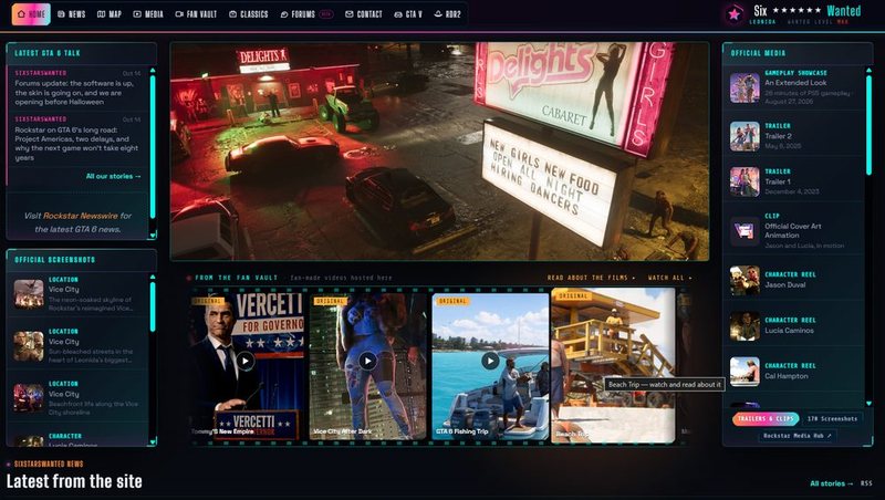 The old SixStarsWanted homepage, a dashboard of side panels around a large picture