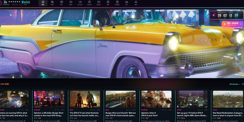 The new SixStarsWanted homepage with a yellow Vapid car hero image and a row of news cards below