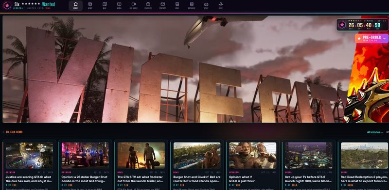 The new SixStarsWanted homepage with the Vice City sign hero image and the same news row